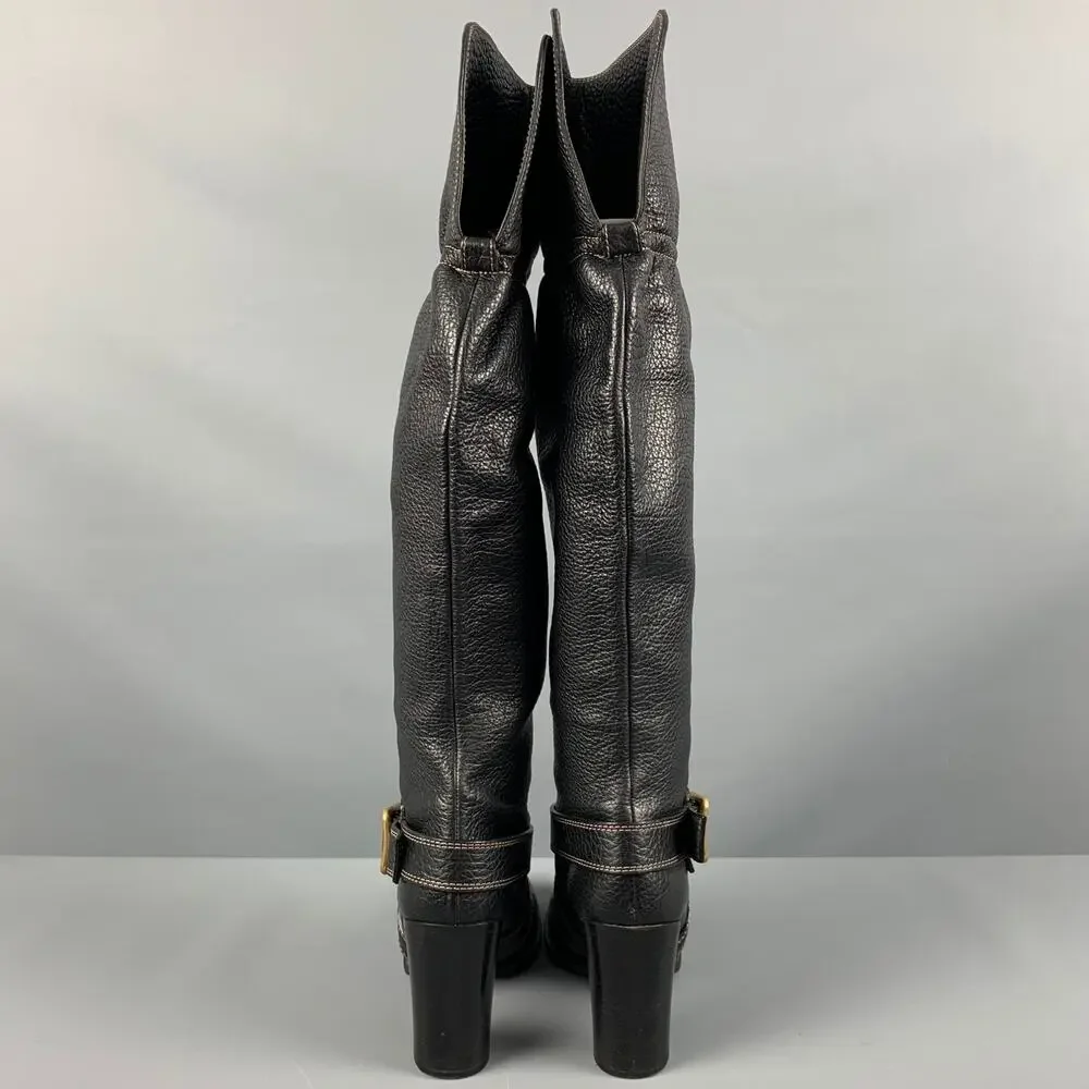 DOLCE & GABBANA Size 10 Black Leather Pebble Grain Ankle Strap Boots - Picture 3 of 7